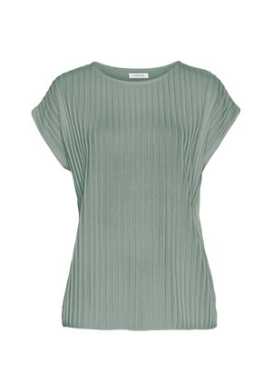 Salbeigrünes kurzärmeliges, geripptes Stricktop mit rundem Ausschnitt und entspannter Passform.