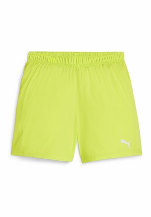 Ryškiai geltonos sportinės šortai su elastinga juosme ir baltu Puma logotipu apatinėje dešinėje kojų dalyje.