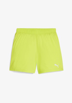 Ryškiai geltonos sportinės šortai su elastinga juosme ir baltu Puma logotipu apatinėje dešinėje kojų dalyje.
