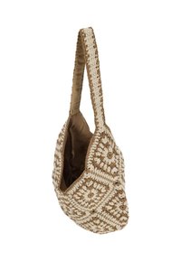 Gehaakte handtas in beige en crème, met een patroon aan de buitenkant, een enkele hengsel en een zachte, gevoerde binnenkant.