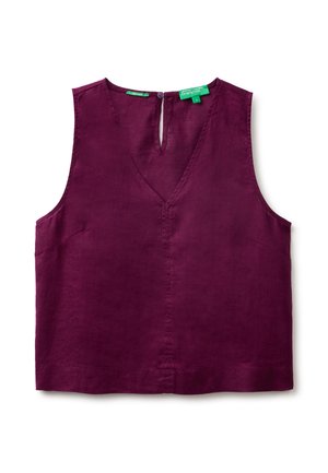 Haut en lin violet sans manches avec col en V et petite fermeture à bouton à l'arrière du cou, posé à plat sur un fond blanc.