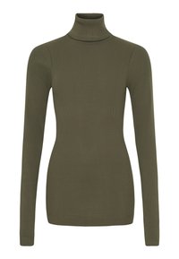 Olivgrüner Rollkragenpullover mit langen Ärmeln, gerippter Textur, taillierter Passform und hohem Kragen. Das Material wirkt dehnbar und glatt.