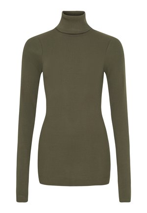Olivengrønt turtleneck top med lange ærmer, ribbet tekstur, tætsiddende design og høj krave. Materialet ser strækbart og glat ud.