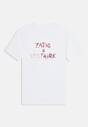 Biele tričko s krátkym rukávom s červeným textúrovaným textom ""ZADIG & VOLTAIRE"" v strede vpredu.