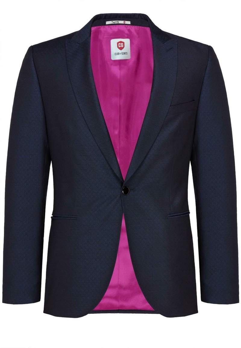 Blazer blu navy con motivo texturizzato sottile, bottone nero singolo, revers a punta e vivace fodera interna in satin rosa.