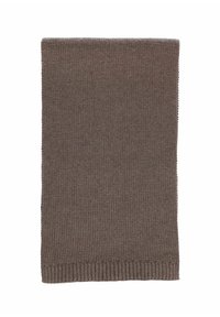 Écharpe en tricot marron avec un ourlet côtelé. Fabriquée en un matériau doux et texturé, elle a une forme rectangulaire, idéale pour les temps froids.