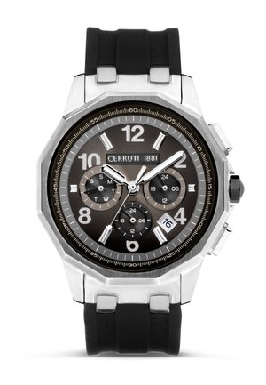 Cerruti 1881 ur med et oktogonalt urkasse i rustfrit stål, sort gummirem, mørk urskive og sølvfarvede timemarkører og visere. Har kronograf sub-urskiver.