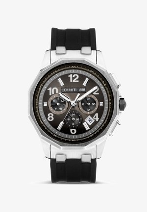 Cerruti 1881 ur med et oktogonalt urkasse i rustfrit stål, sort gummirem, mørk urskive og sølvfarvede timemarkører og visere. Har kronograf sub-urskiver.