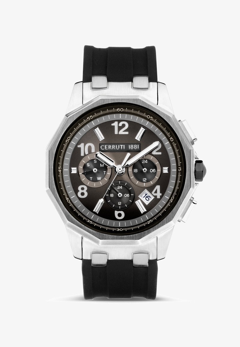 Cerruti 1881 klocka med ett oktogonalt hölje i rostfritt stål, svart gummirem, mörk urtavla och silverfärgade timmarkörer och visare. Utrustad med kronografsub-dialer.