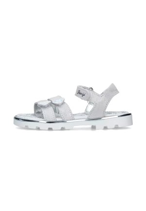 Sandali con glitter argento, dotati di cinturini regolabili, suola in gomma bianca e soletta con motivo. Presentano un elegante accento metallico lucido.