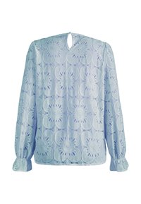 Blusa azul claro con un patrón de encaje floral, mangas largas abullonadas con puños elásticos y una pequeña abertura en forma de llave en la parte posterior.