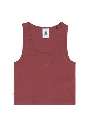 Top corto senza maniche in rosso smorzato con scollo rotondo e piccolo logo "element" ricamato sul petto, con etichetta bianca brandizzata all'interno del colletto.