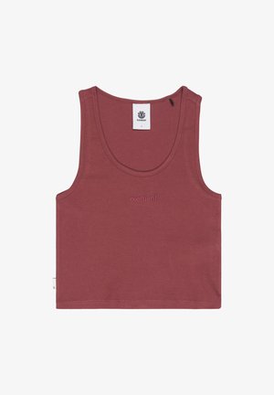 Top court sans manches en rouge doux avec un col rond et un petit logo "element" brodé sur la poitrine, avec une étiquette blanche de marque à l'intérieur du col.