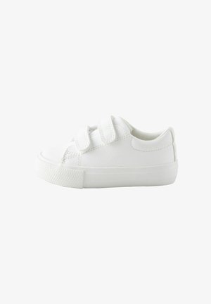 White sneakers made of smooth leather, featuring two hook-and-loop straps, a textured rubber sole, and rounded toe design.