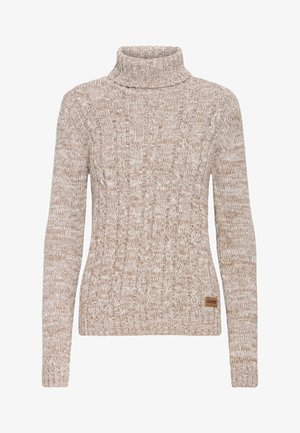 Beige og lysebrun meleret striktrøje med høj hals, kabelmønstre og en lille brun mærkeflap på den nederste side.