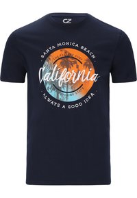 Laivansinis puuvillapaita, jossa on graafinen printti oranssilla ja turkoosilla ympyrällä, palmupuilla ja tekstillä Santa Monica Beachista, Kaliforniasta.