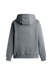 Γκρι φούτερ με κουκούλα, με υφασμάτινη υφή, ριμπ μανσέτες και τελείωμα, και λεία επιφάνεια. Η οπίσθια όψη δείχνει το σχήμα της κουκούλας.