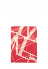 Écharpe abstraite rouge et crème, de forme rectangulaire, texture douce, ornée de motifs géométriques avec des franges sur les bords.