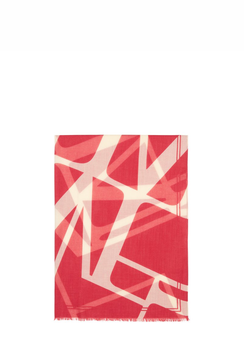 Écharpe abstraite rouge et crème, de forme rectangulaire, texture douce, ornée de motifs géométriques avec des franges sur les bords.