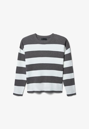 Gray and white striped sweater with a ribbed texture, round neckline, and long sleeves, featuring a cropped design and casual fit.
