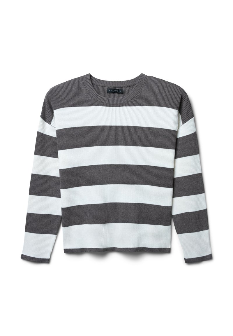 Grau- und weiß gestreifter Pullover mit strukturiertem Rippdesign, rundem Halsausschnitt und langen Ärmeln, der ein cropped Design und eine lässige Passform aufweist.