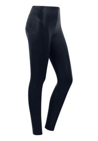 Leggings neri realizzati in un materiale liscio e elastico. Presentano una vita alta, una tasca laterale e dettagli di cucitura lungo le gambe.