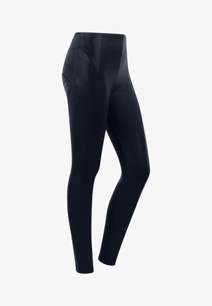 Leggings noirs en matière lisse et extensible. Dotés d'une taille haute, d'une poche latérale et de détails de couture le long des jambes.