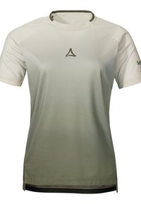 Light grey short-sleeve athletic shirt with a textured pattern and a dark green collar. Features a logo on the chest and side slits at the hem.