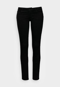 Jeans negros de corte slim, con un diseño clásico de cinco bolsillos, cierre de botón y una textura de denim suave.
