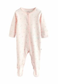 Hele roosa vastsündinu pikkade varrukatega bodi, mis katab jalad, esiküljel trukid ja väike lillemustriga print.