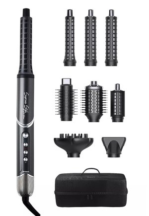 Set di strumenti per acconciature con manico nero, include diversi accessori in varie forme e una custodia nera con texture per il trasporto.