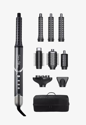 Haarstyling-Werkzeugset mit einem schwarzen Griff, umfasst mehrere Aufsätze in verschiedenen Formen und ein strukturiertes schwarzes Etui zur Aufbewahrung.