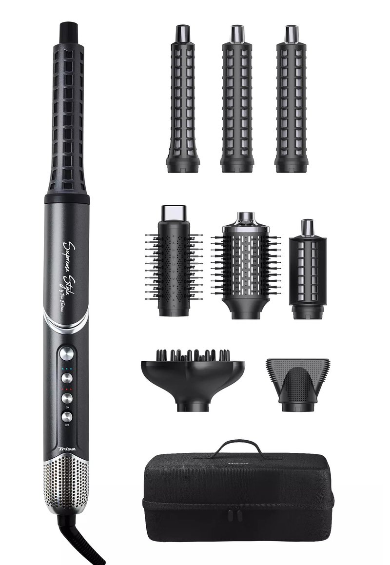 Haarstyling-Werkzeugset mit einem schwarzen Griff, umfasst mehrere Aufsätze in verschiedenen Formen und ein strukturiertes schwarzes Etui zur Aufbewahrung.