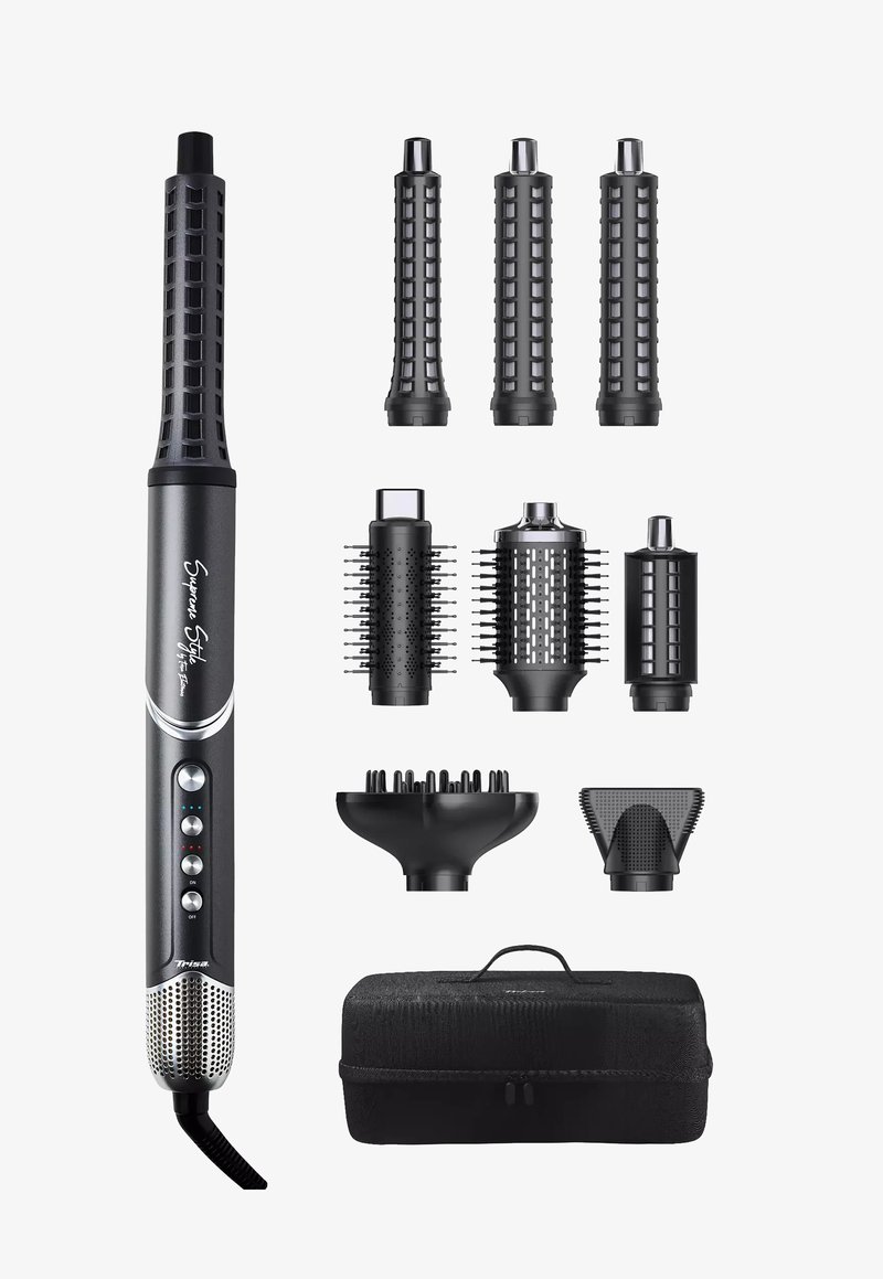 Haarstyling-Werkzeugset mit einem schwarzen Griff, umfasst mehrere Aufsätze in verschiedenen Formen und ein strukturiertes schwarzes Etui zur Aufbewahrung.