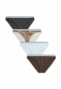Fyrapaketer av kvinnors trosor i olika färger: svart, leopardmönster, vit och mörkbrun. Utrustade med elastiska band med "NEXT"-logotyp.