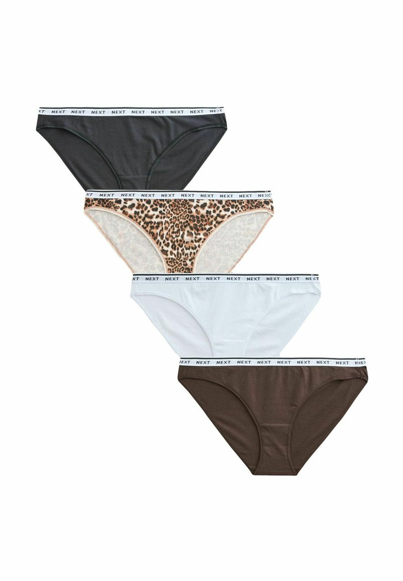 Fyrapaketer av kvinnors trosor i olika färger: svart, leopardmönster, vit och mörkbrun. Utrustade med elastiska band med "NEXT"-logotyp.