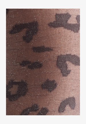 Brune mønstrede strømpebukser med et netlignende tekstur, mørke leopardpletter og subtile metalliske glimt i stoffet.