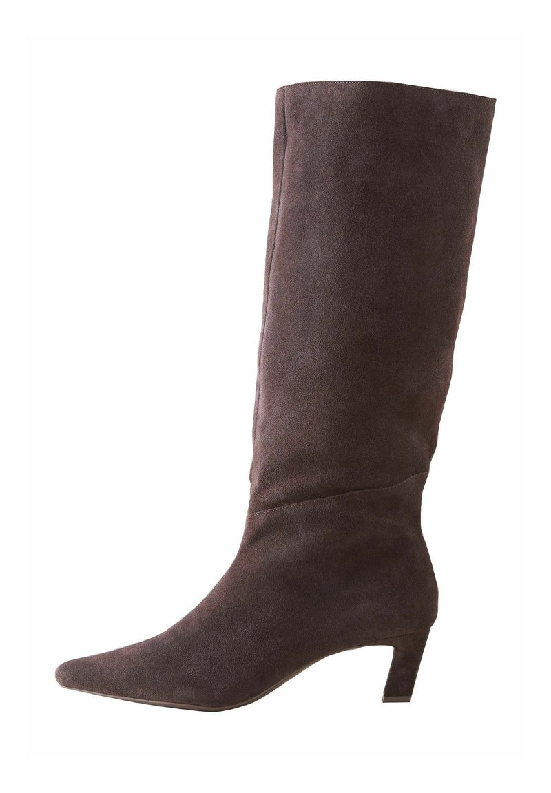 Brown suede knee-high boot with a pointed toe and a low block heel. Smooth texture and minimal detailing.
