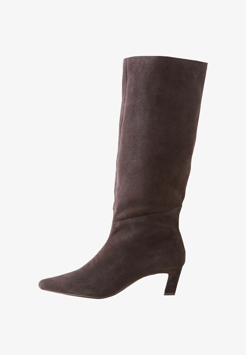 Brown suede knee-high boot with a pointed toe and a low block heel. Smooth texture and minimal detailing.