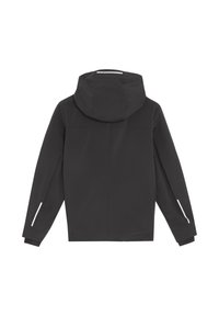 Schwarze wasserdichte Jacke mit Kapuze, mit einem stromlinienförmigen Design, reflektierenden Akzenten und Reißverschlusstaschen. Glatte Textur, minimale Nähte.