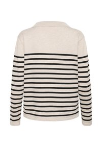 Lange mouw polo shirt in lichtbeige met horizontale zwarte strepen. Heeft een klassieke kraag en geribbelde manchetten. Gladde, gebreide textuur.