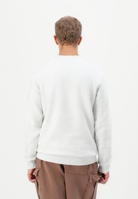 Felpa grigia con maniche lunghe, colletto rotondo e polsini a costine, abbinata a pantaloni cargo marroni con tasche laterali. Design minimalista.