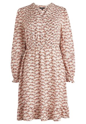 Long-sleeve knee-length dress with gathered waist and cuffs, featuring a pink and white abstract fan pattern.