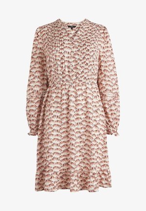 Robe à manches longues longueur genou avec taille et poignets froncés, présentant un motif abstrait d'éventail rose et blanc.