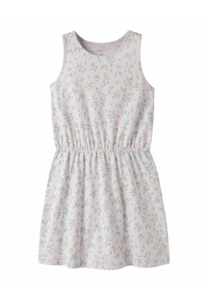 Sleeveless light lavender dress with elastic waist, featuring small yellow and white floral print and round neckline.