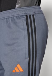 Grå træningsbukser med sorte sidelister og et orange Adidas-logo. Har en glat tekstur og elastisk talje for komfort.