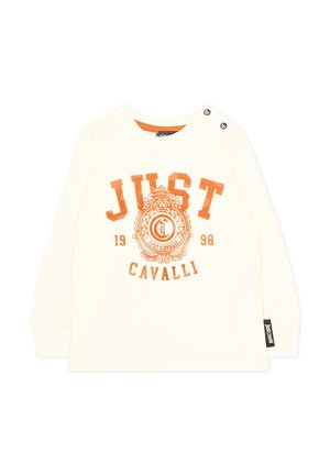 Camiseta blanca de manga larga para bebé con logo naranja "Just Cavalli 1998" y escudo decorativo en la parte frontal, y dos botones a presión en los hombros.