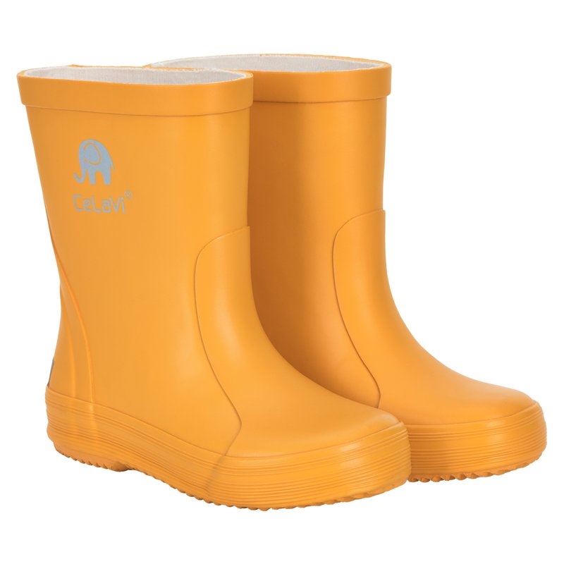 Bottines de pluie en caoutchouc jaunes avec une texture lisse, des têtes arrondies et un logo sur le côté. Conçues pour offrir une protection imperméable et une durabilité.