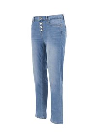 Jeans in denim azzurro chiaro con taglio dritto, chiusura a cinque bottoni e tasche laterali. Il tessuto ha una texture liscia e una leggera scoloritura.