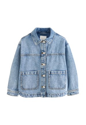 Hele sinine teksajakk esinuppudega, kahe suure ruudukujulise tasku, pikkade varrukate ja klassikalise kraega.